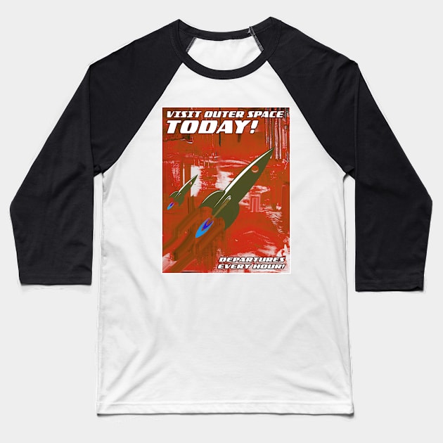 Visit Outer Space (Red) Baseball T-Shirt by Vandalay Industries